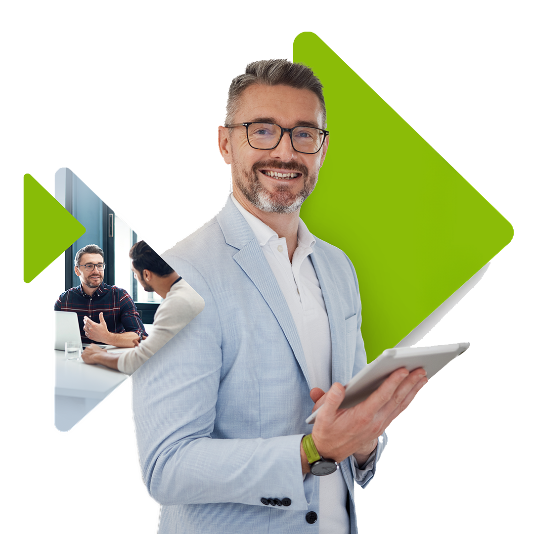 A professional man in a light gray suit holds a tablet in his hands, standing confidently. In the background, there are two individuals engaged in a discussion, with green arrows pointing towards them, symbolizing communication and collaboration.