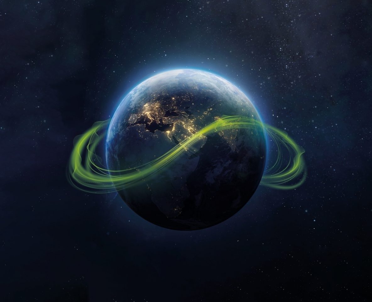 Earth with green infinity swoosh