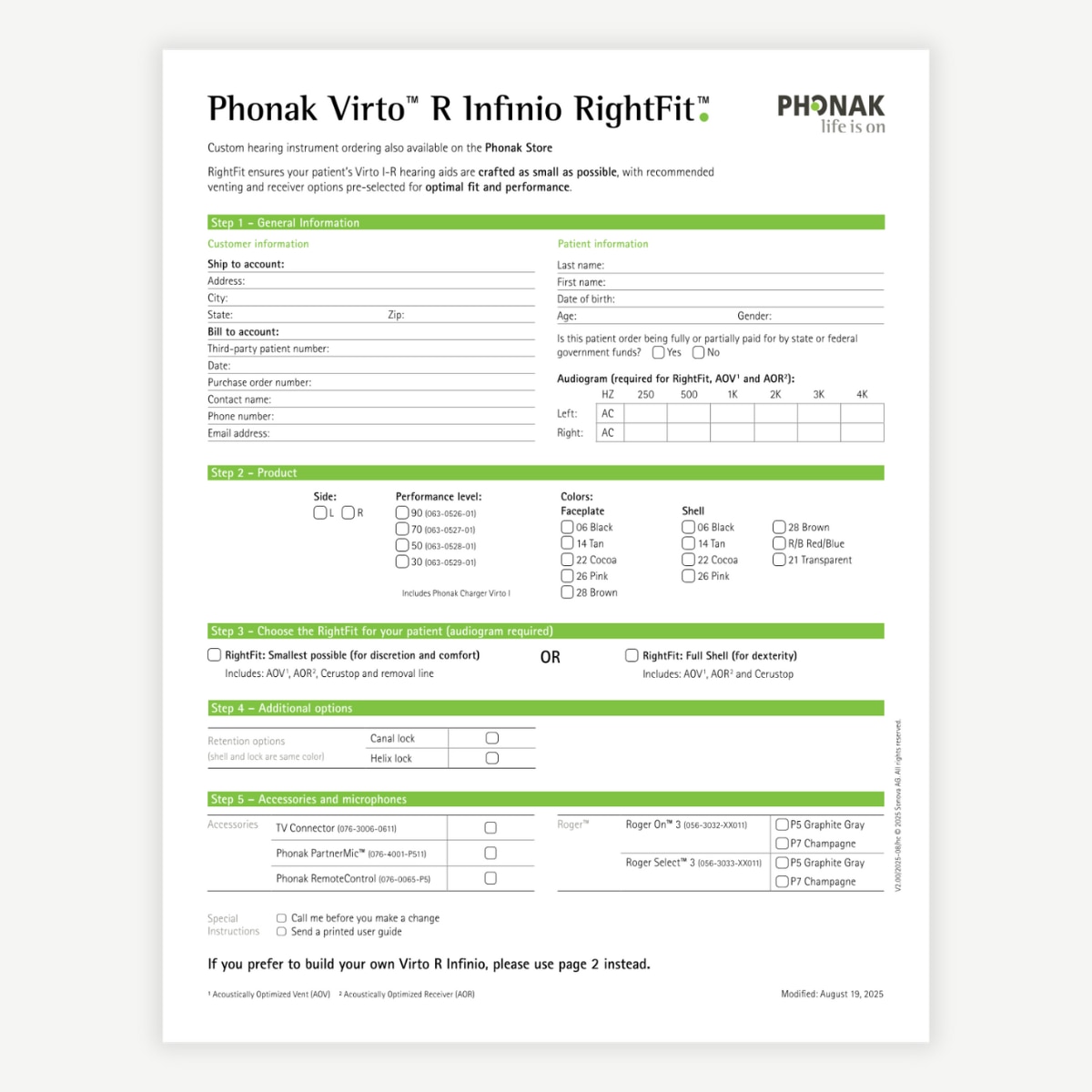 Order Form: Virto R Infinio RightFit