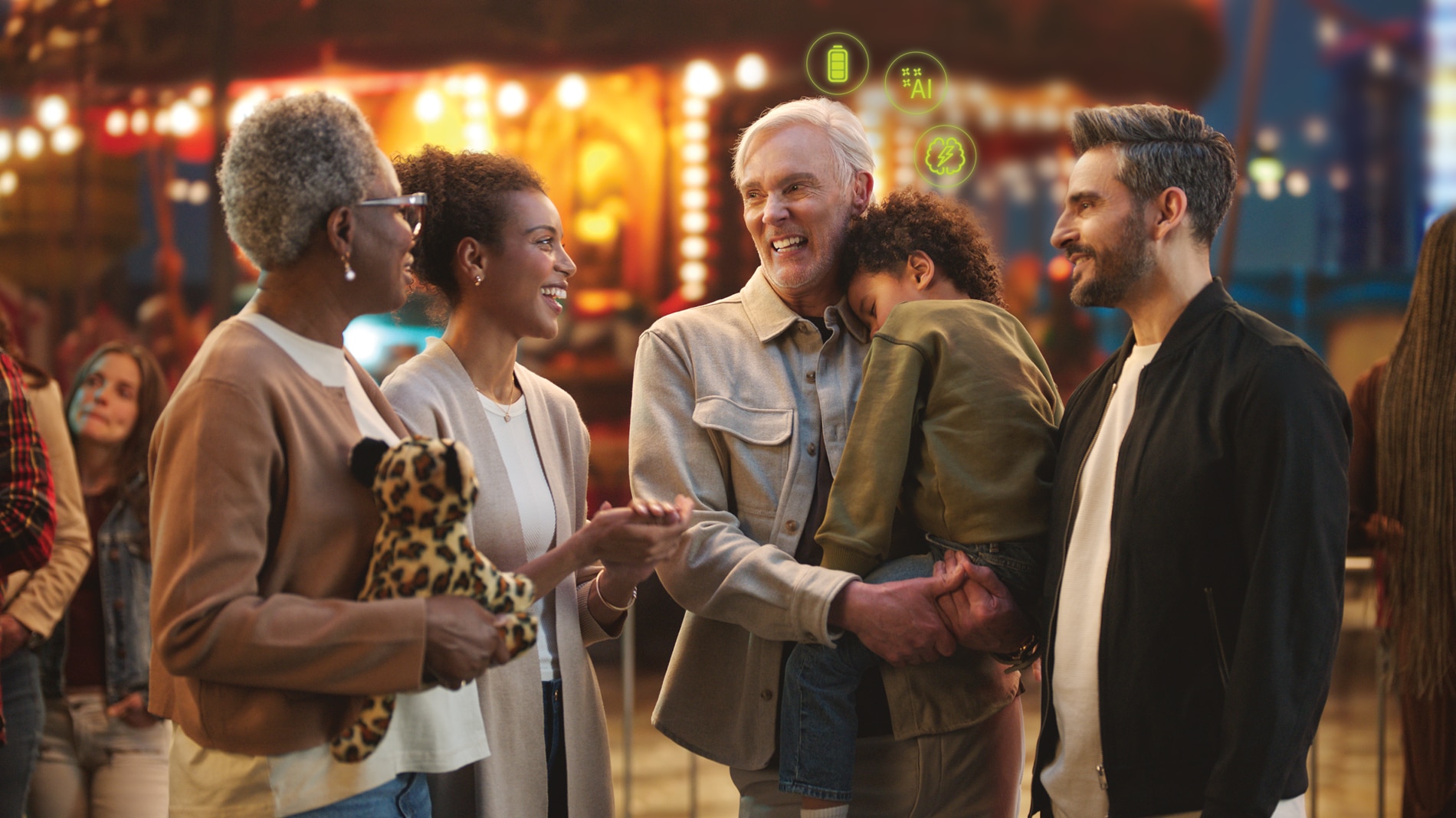 A group of smiling family members standing together on the street, showcasing a diverse mix of ages and backgrounds, with a lively urban setting in the background.