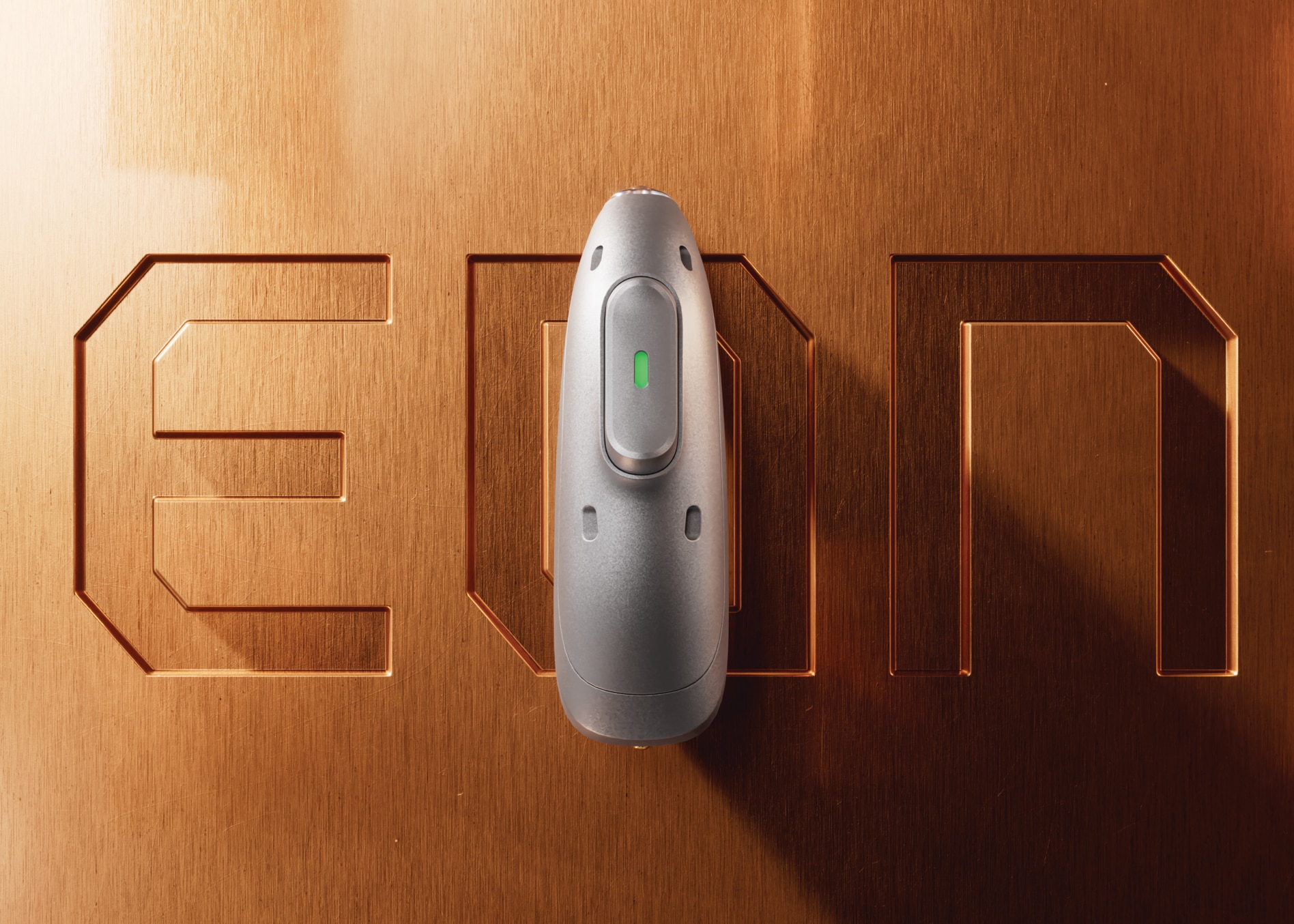 Product image of the new Phonak Audéo EON hearing aid  on a wooden / golden background