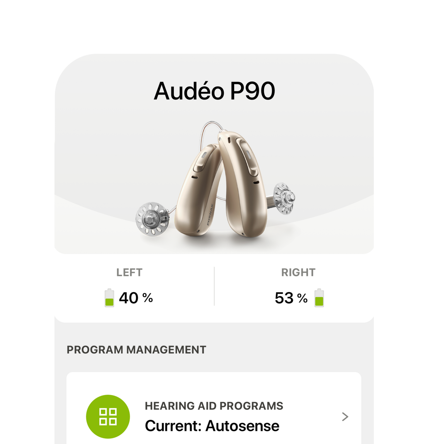 myPhonak hearing aid interface - settings and program management.